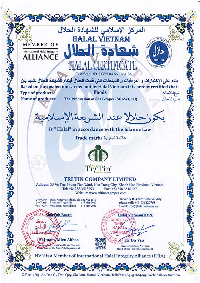 Rong nho Trí Tín đạt chứng nhận HALAL