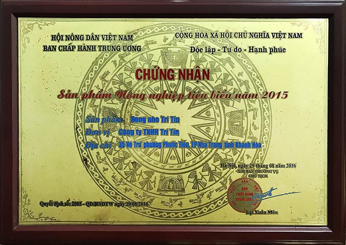 Đạt chứng nhận sản phẩm Nông nghiệp tiêu biểu năm 2015